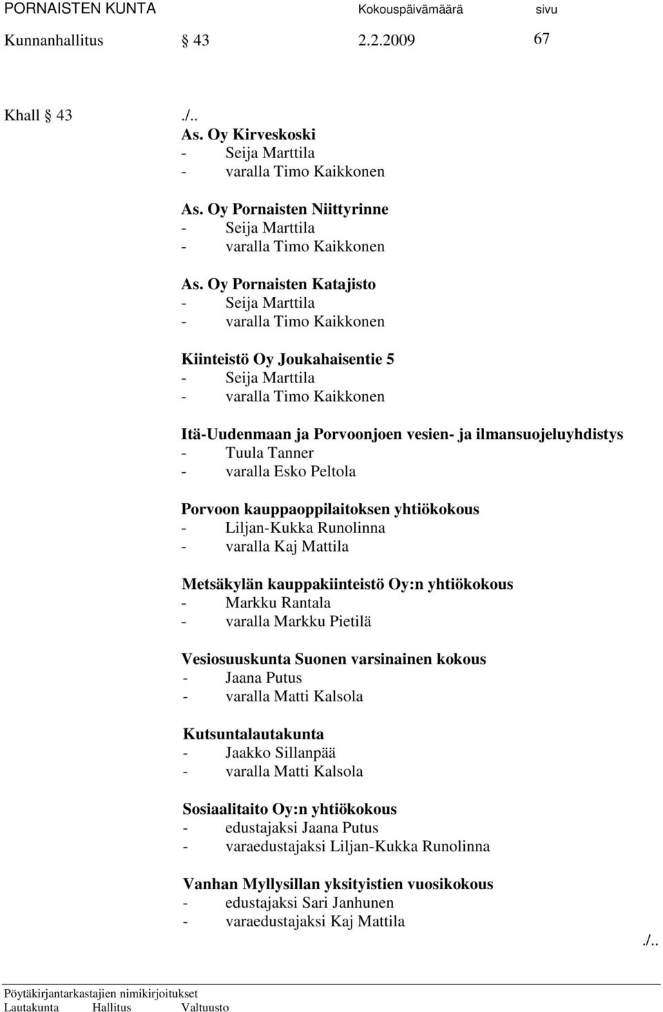 - Tuula Tanner - varalla Esko Peltola Porvoon kauppaoppilaitoksen yhtiökokous - Liljan-Kukka Runolinna - varalla Kaj Mattila Metsäkylän kauppakiinteistö Oy:n yhtiökokous - Markku Rantala - varalla