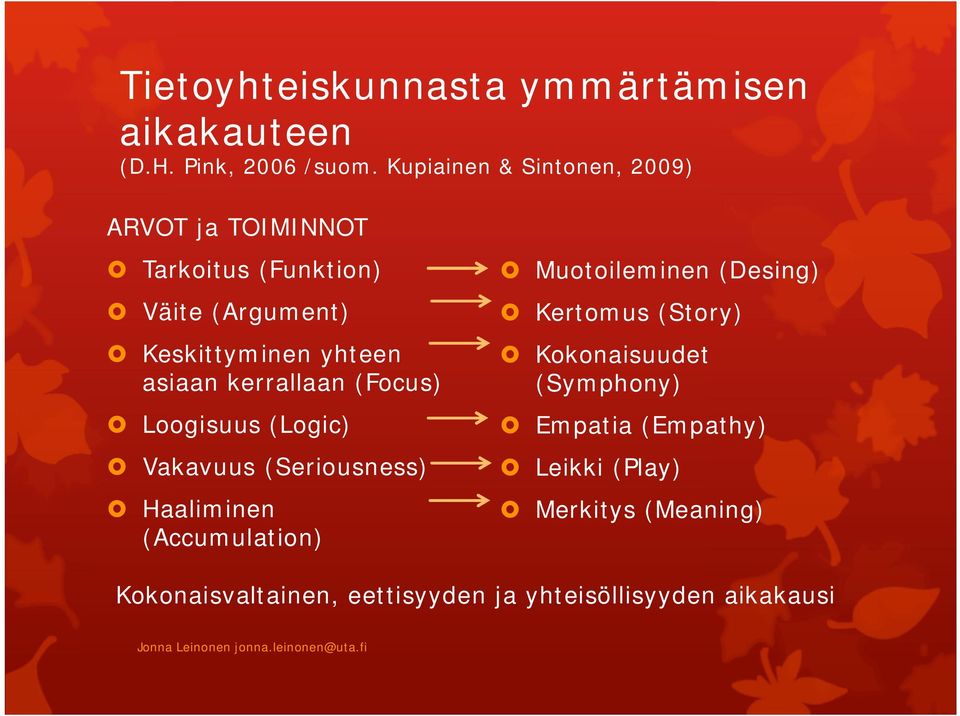 asiaan kerrallaan (Focus) Loogisuus (Logic) Vakavuus (Seriousness) Haaliminen (Accumulation) Muotoileminen