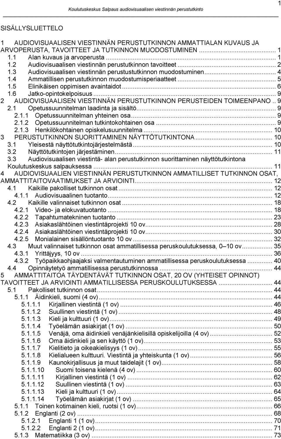 6 Jatko-opintokelpoisuus... 9 2 AUDIOVISUAALISEN VIESTINNÄN PERUSTUTKINNON PERUSTEIDEN TOIMEENPANO.. 9 2.1 Opetussuunnitelman laadinta ja sisältö... 9 2.1.1 Opetussuunnitelman yhteinen osa... 9 2.1.2 Opetussuunnitelman tutkintokohtainen osa.