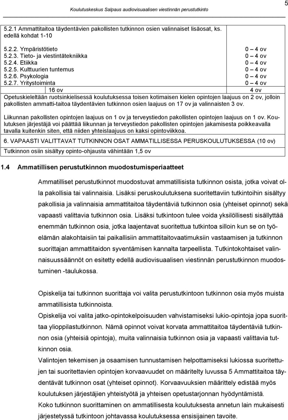 Yritystoiminta 0 4 ov 0 4 ov 0 4 ov 0 4 ov 0 4 ov 0 4 ov 16 ov 4 ov Opetuskieleltään ruotsinkielisessä koulutuksessa toisen kotimaisen kielen opintojen laajuus on 2 ov, jolloin pakollisten