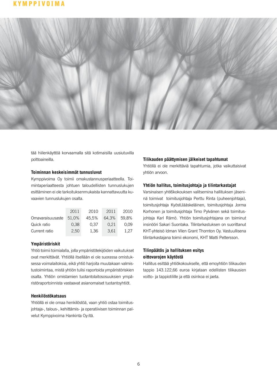 2011 2010 2011 2010 Omavaraisuusaste 51,0% 45,5% 64,3% 59,8% Quick ratio 0,38 0,37 0,21 0,09 Current ratio 2,50 1,36 3,61 1,27 ympäristöriskit Yhtiö toimii toimialalla, jolla ympäristötekijöiden