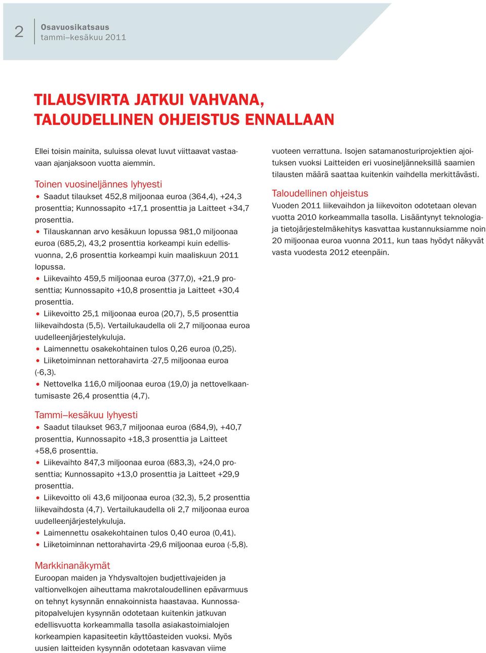 Tilauskannan arvo kesäkuun lopussa 981,0 miljoonaa euroa (685,2), 43,2 prosenttia korkeampi kuin edellisvuonna, 2,6 prosenttia korkeampi kuin maaliskuun 2011 lopussa.