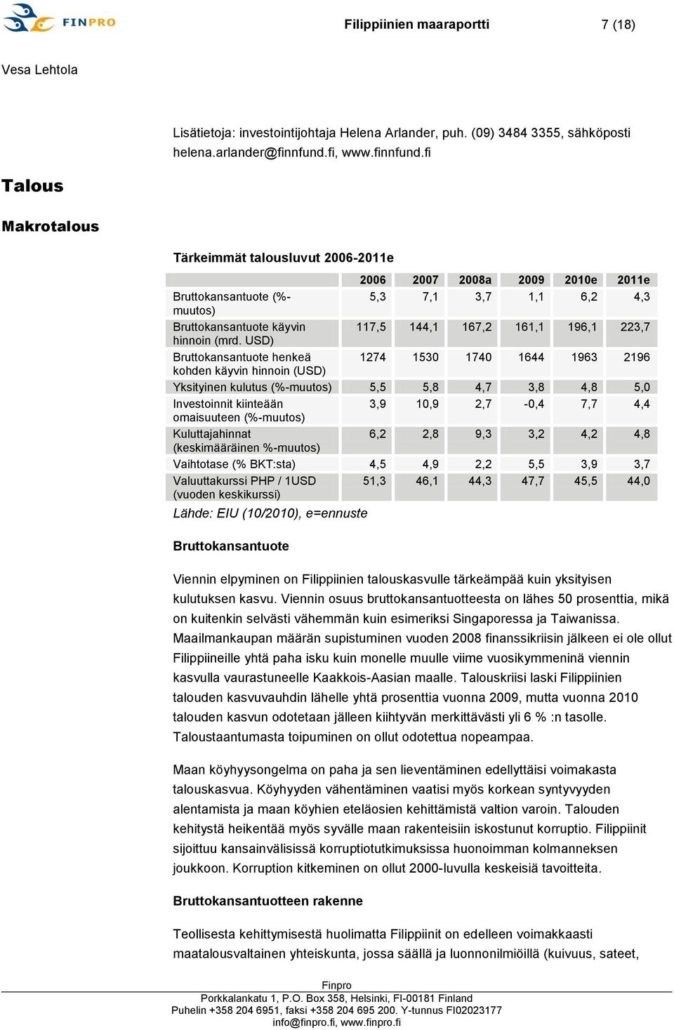 USD) Bruttokansantuote henkeä kohden käyvin hinnoin (USD) 2006 2007 2008a 2009 2010e 2011e 5,3 7,1 3,7 1,1 6,2 4,3 117,5 144,1 167,2 161,1 196,1 223,7 1274 1530 1740 1644 1963 2196 Yksityinen kulutus