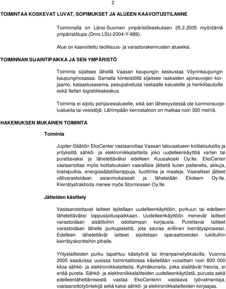 TOIMINNAN SIJAINTIPAIKKA JA SEN YMPÄRISTÖ HAKEMUKSEN MUKAINEN TOIMINTA Toiminta Toiminta sijaitsee lähellä Vaasan kaupungin keskustaa Vöyrinkaupungin kaupunginosassa.