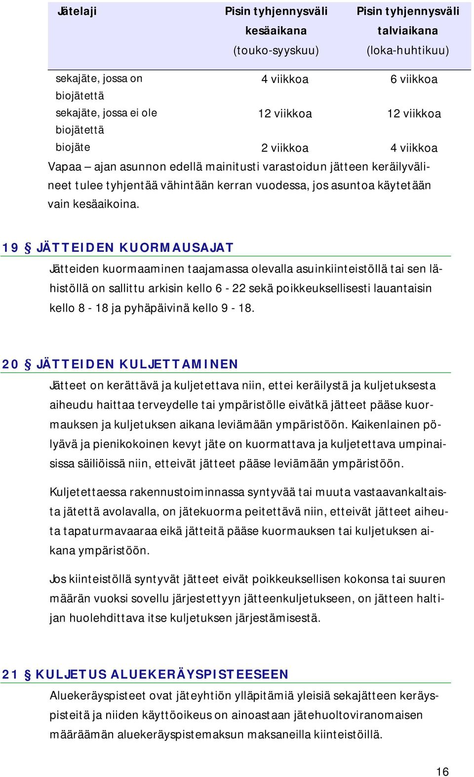 19JÄTTEIDENKUORMAUSAJAT Jätteiden kuormaaminen taajamassa olevalla asuinkiinteistöllä tai sen lähistöllä on sallittu arkisin kello 6-22 sekä poikkeuksellisesti lauantaisin kello 8-18 ja pyhäpäivinä