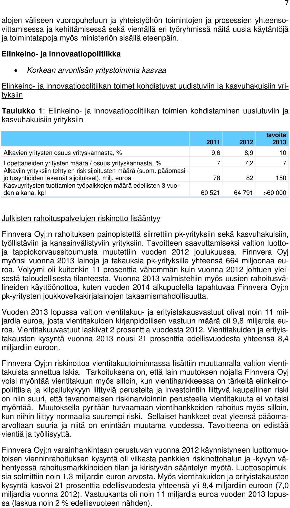 Elinkeino- ja innovaatiopolitiikka 7 Korkean arvonlisän yritystoiminta kasvaa Elinkeino- ja innovaatiopolitiikan toimet kohdistuvat uudistuviin ja kasvuhakuisiin yrityksiin Taulukko 1: Elinkeino- ja