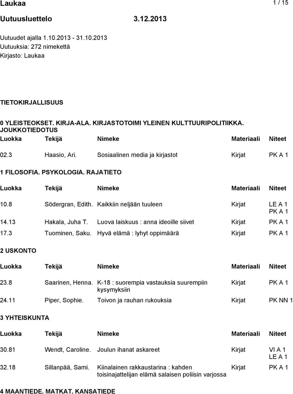 13 Hakala, Juha T. Luova laiskuus : anna ideoille siivet 17.3 Tuominen, Saku. Hyvä elämä : lyhyt oppimäärä 2 USKONTO 23.8 Saarinen, Henna. K-18 : suorempia vastauksia suurempiin kysymyksiin 24.