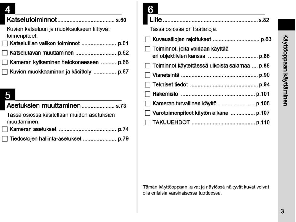 Kuvaustilojen rajoitukset... p.83 Toiminnot, joita voidaan käyttää eri objektiivien kanssa... p.86 Toiminnot käytettäessä ulkoista salamaa... p.88 Vianetsintä... p.90 Tekniset tiedot... p.94 Hakemisto.