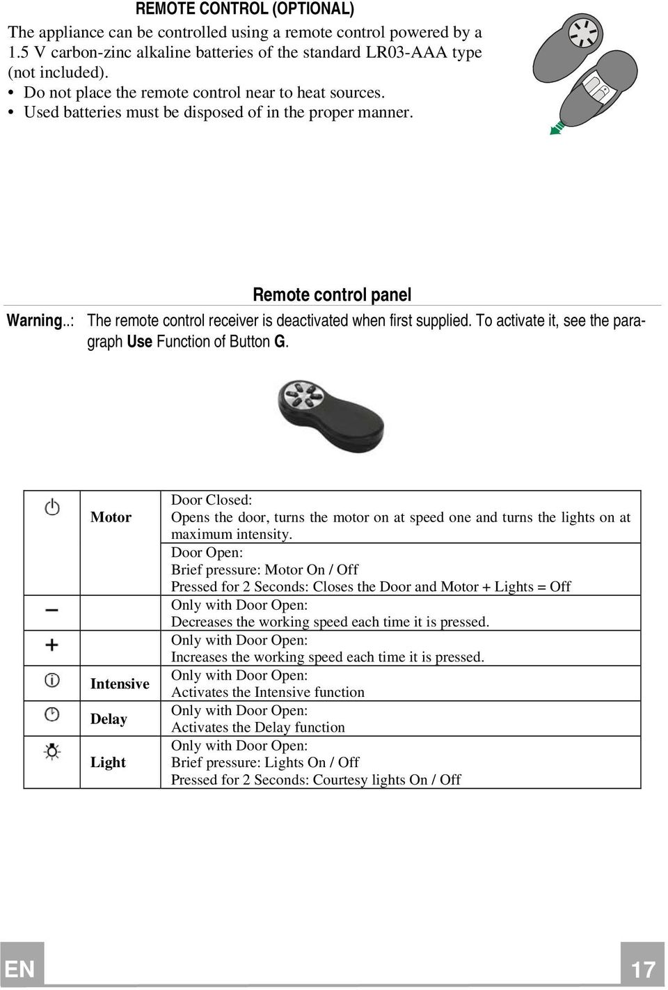 .: The remote control receiver is deactivated when first supplied. To activate it, see the paragraph Use Function of Button G.
