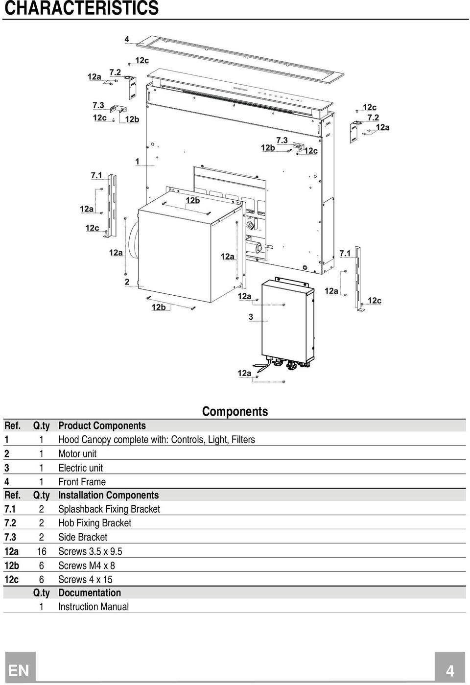 1 Electric unit 4 1 Front Frame Ref. Q.ty Installation Components 7.