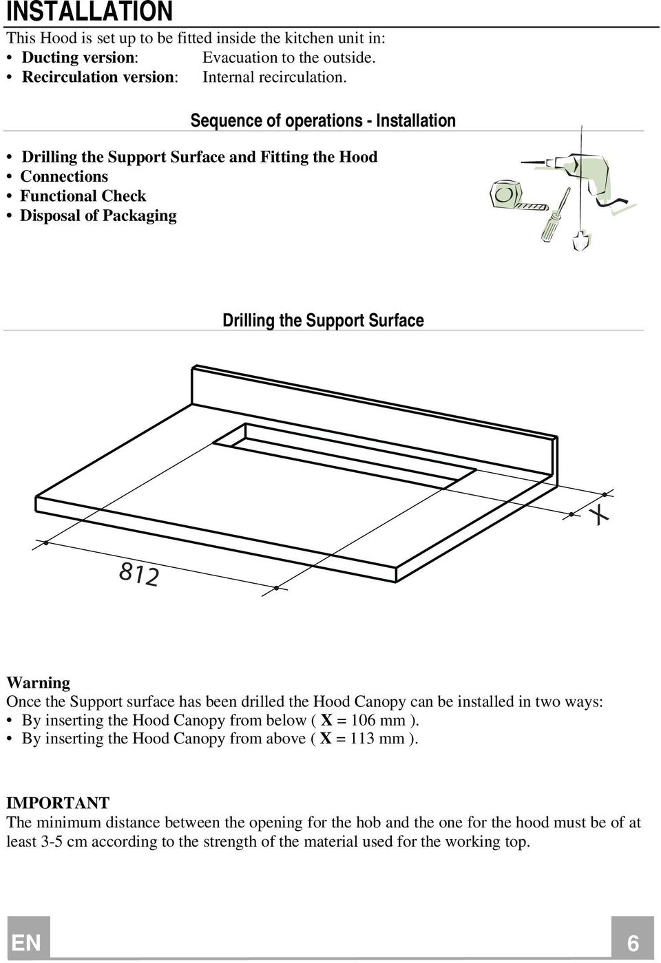 Once the Support surface has been drilled the Hood Canopy can be installed in two ways: By inserting the Hood Canopy from below ( X = 106 mm ).