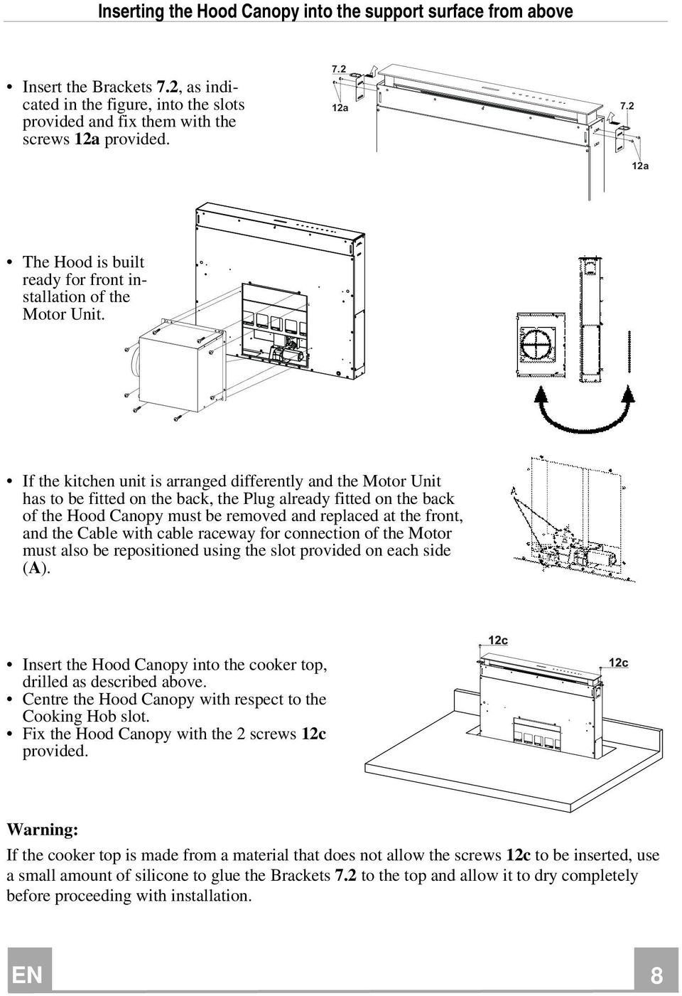 If the kitchen unit is arranged differently and the Motor Unit has to be fitted on the back, the Plug already fitted on the back of the Hood Canopy must be removed and replaced at the front, and the
