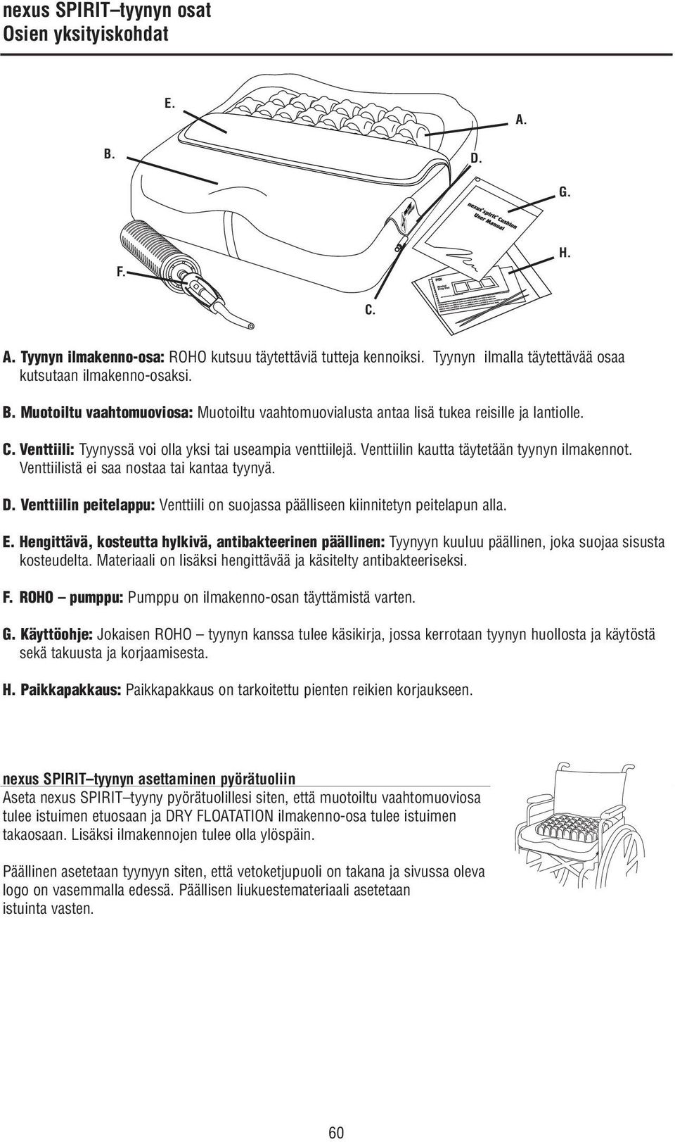 Venttiilin peitelappu: Venttiili on suojassa päälliseen kiinnitetyn peitelapun alla. E.