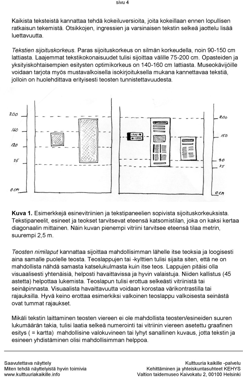 Opasteiden ja yksityiskohtaisempien esitysten optimikorkeus on 140-160 cm lattiasta.