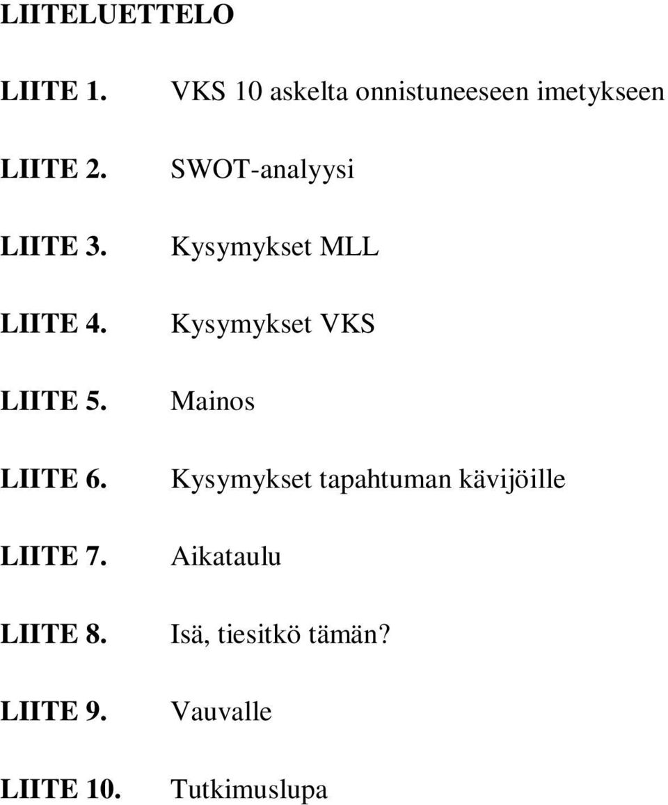 VKS 10 askelta onnistuneeseen imetykseen SWOT-analyysi Kysymykset MLL