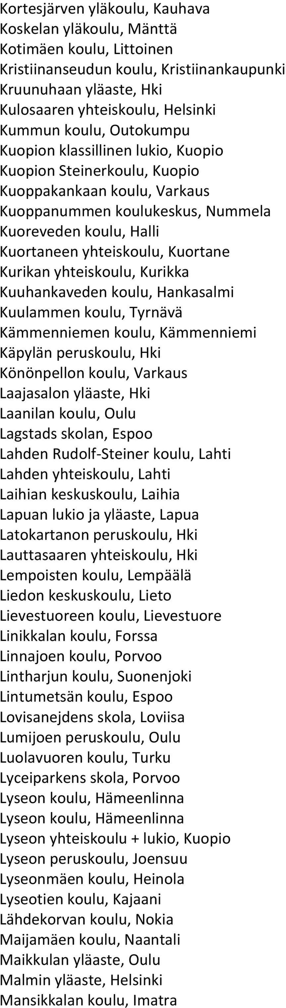 Kurikan yhteiskoulu, Kurikka Kuuhankaveden koulu, Hankasalmi Kuulammen koulu, Tyrnävä Kämmenniemen koulu, Kämmenniemi Käpylän peruskoulu, Hki Könönpellon koulu, Varkaus Laajasalon yläaste, Hki