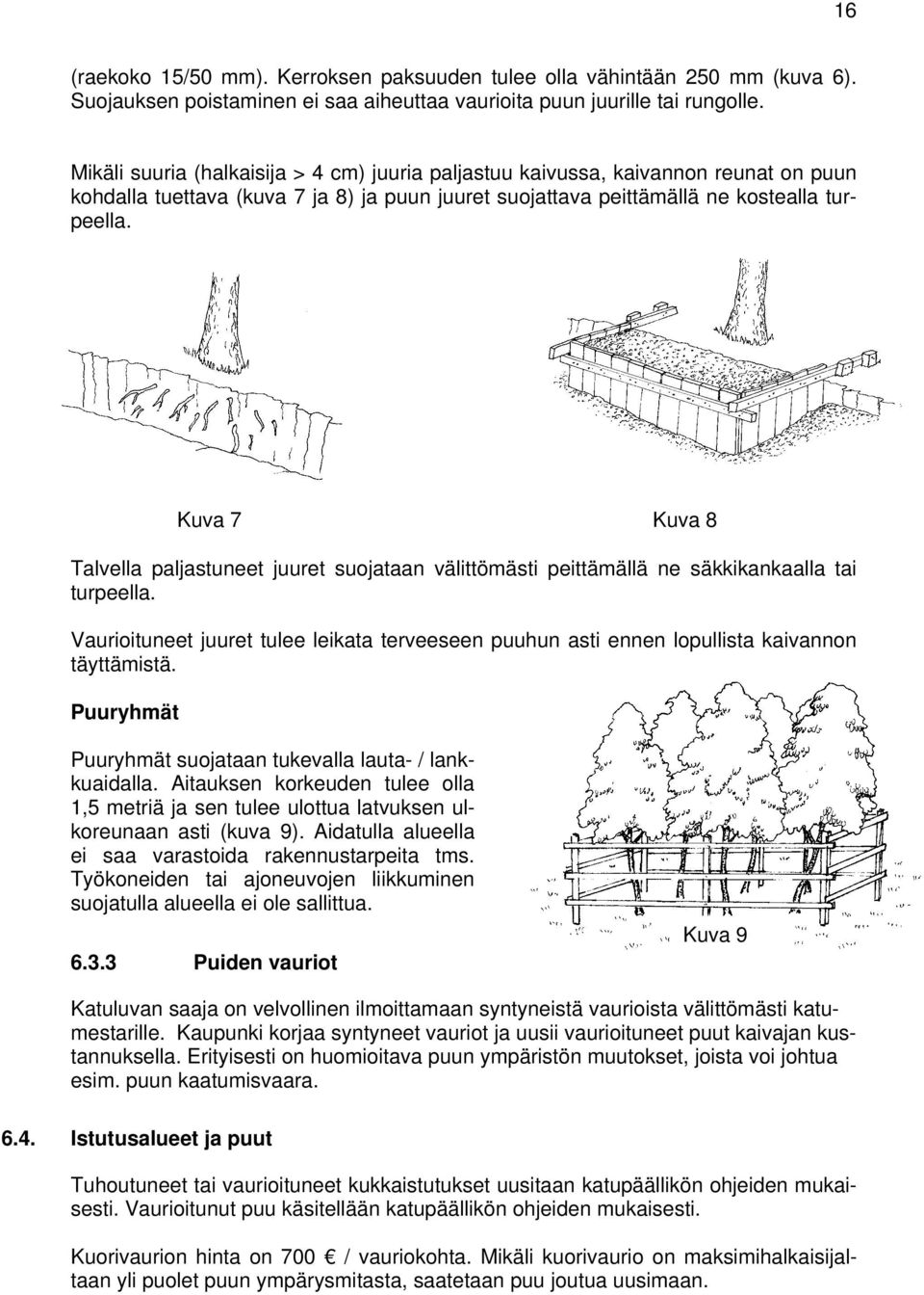 Talvella paljastuneet juuret suojataan välittömästi peittämällä ne säkkikankaalla tai turpeella. Vaurioituneet juuret tulee leikata terveeseen puuhun asti ennen lopullista kaivannon täyttämistä.