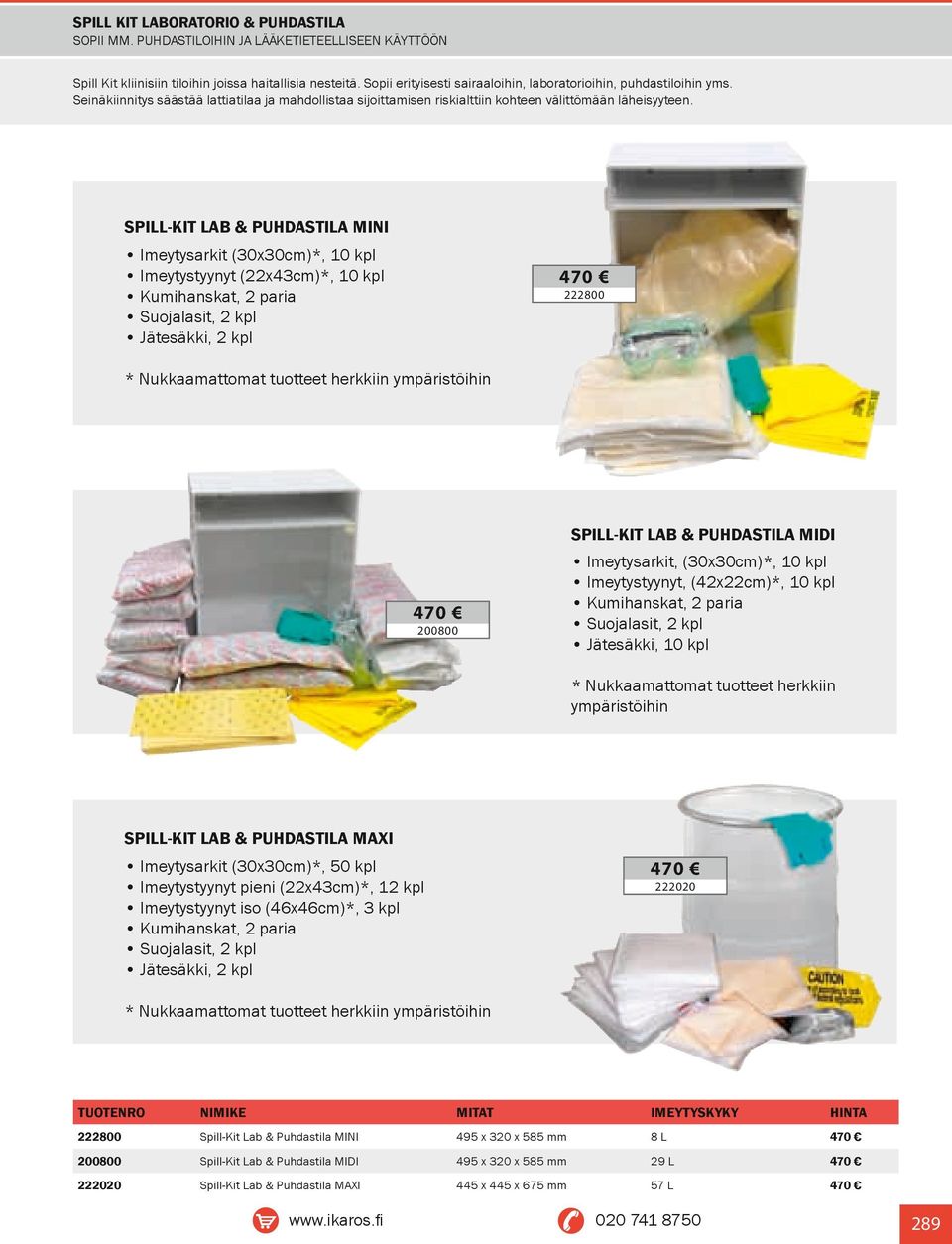 SPILL-KIT LAB & PUHDASTILA MINI Imeytysarkit (30x30cm)*, 10 kpl Imeytystyynyt (22x43cm)*, 10 kpl Kumihanskat, 2 paria Suojalasit, 2 kpl Jätesäkki, 2 kpl 470 222800 * Nukkaamattomat tuotteet herkkiin