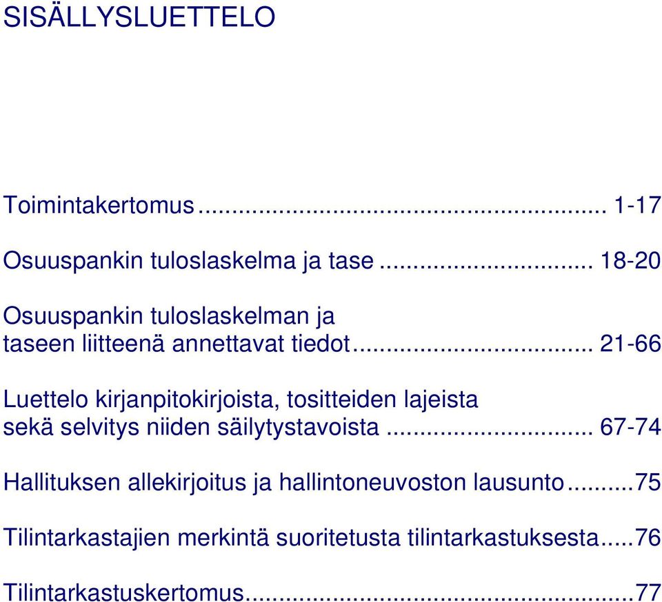 .. 21-66 Luettelo kirjanpitokirjoista, tositteiden lajeista sekä selvitys niiden säilytystavoista.