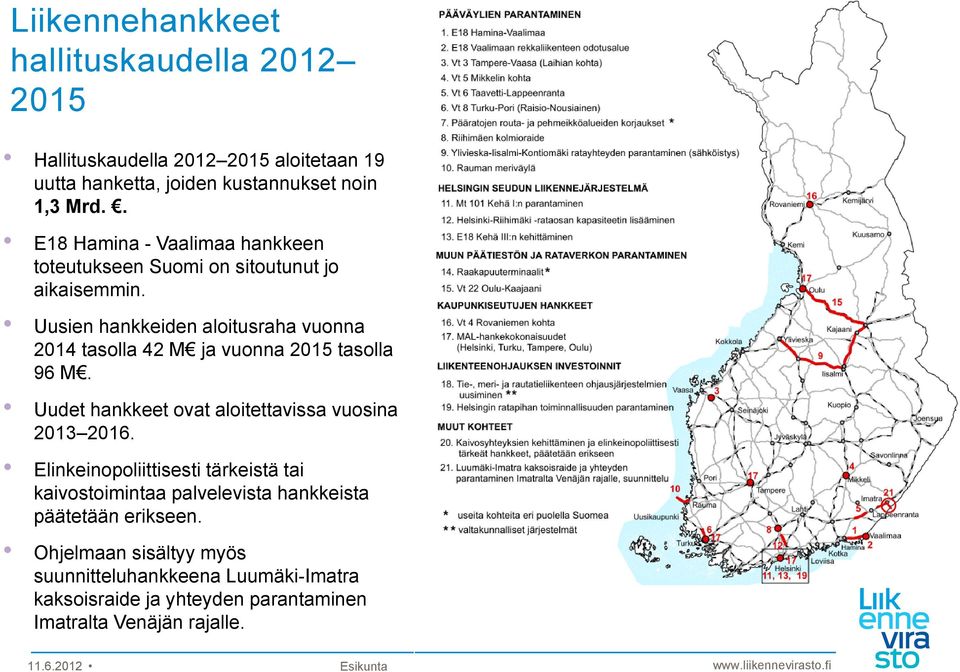 Uusien hankkeiden aloitusraha vuonna 2014 tasolla 42 M ja vuonna 2015 tasolla 96 M. Uudet hankkeet ovat aloitettavissa vuosina 2013 2016.