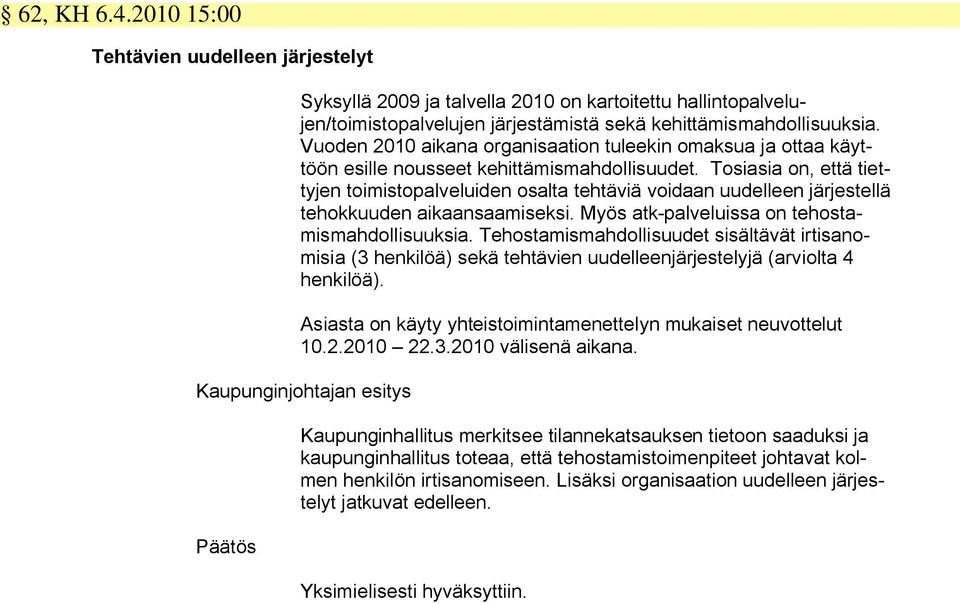 Tosiasia on, että tiettyjen toimistopalveluiden osalta tehtäviä voidaan uudelleen järjestellä tehokkuuden aikaansaamiseksi. Myös atk-palveluissa on tehostamismahdollisuuksia.