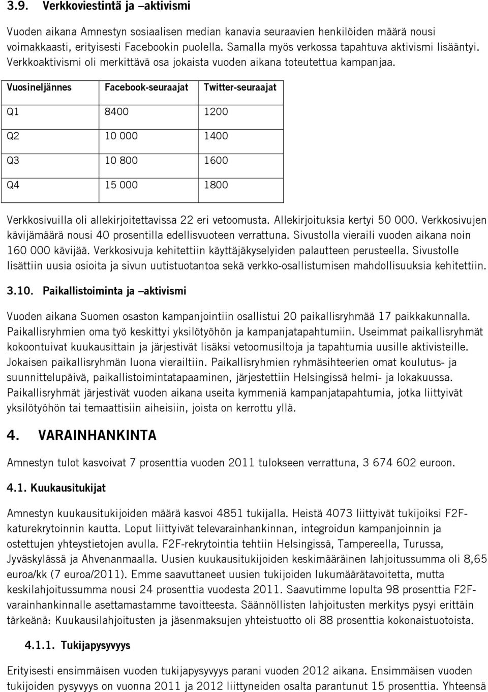 Vuosineljännes Facebook-seuraajat Twitter-seuraajat Q1 8400 1200 Q2 10 000 1400 Q3 10 800 1600 Q4 15 000 1800 Verkkosivuilla oli allekirjoitettavissa 22 eri vetoomusta. Allekirjoituksia kertyi 50 000.