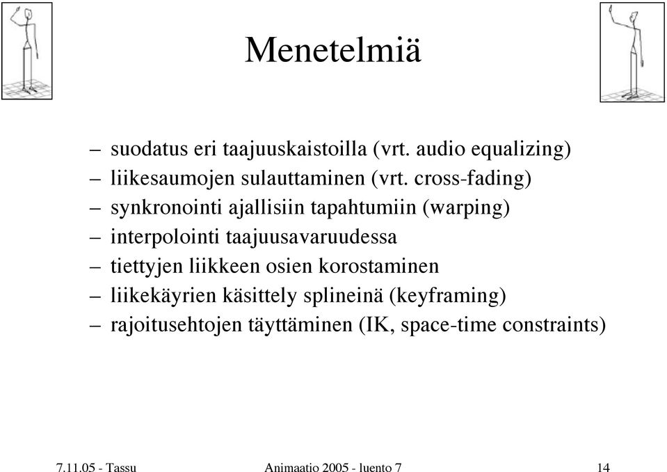 cross-fading) synkronointi ajallisiin tapahtumiin (warping) interpolointi taajuusavaruudessa