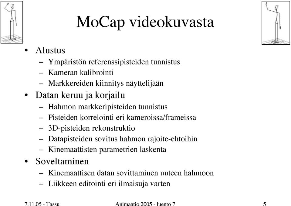 3D-pisteiden rekonstruktio Datapisteiden sovitus hahmon rajoite-ehtoihin Kinemaattisten parametrien laskenta