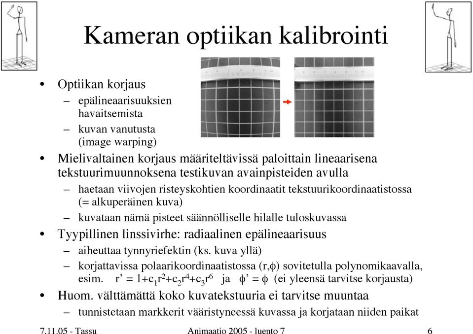 linssivirhe: radiaalinen epälineaarisuus aiheuttaa tynnyriefektin (ks. kuva yllä) korjattavissa polaarikoordinaatistossa (r,φ) sovitetulla polynomikaavalla, esim.