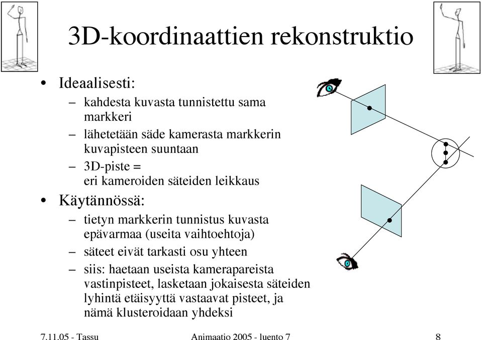 epävarmaa (useita vaihtoehtoja) säteet eivät tarkasti osu yhteen siis: haetaan useista kamerapareista vastinpisteet,