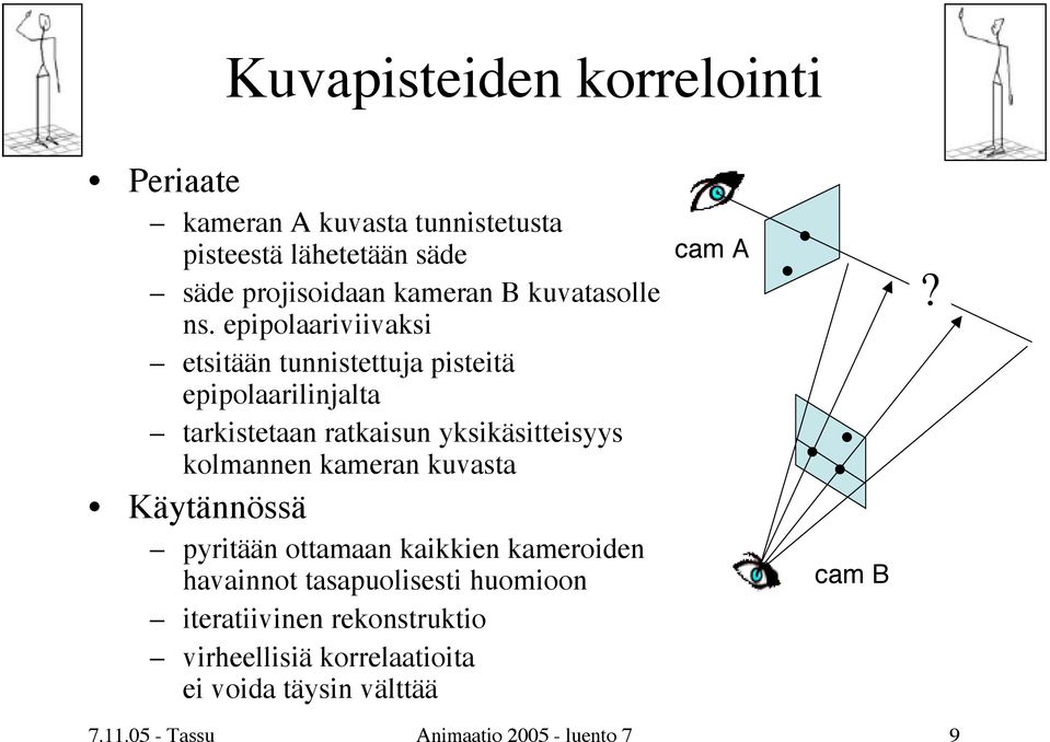 epipolaariviivaksi etsitään tunnistettuja pisteitä epipolaarilinjalta tarkistetaan ratkaisun yksikäsitteisyys kolmannen