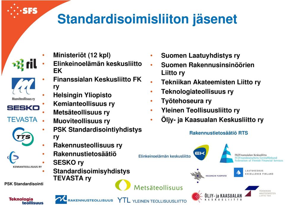 Rakennustietosäätiö SESKO ry Standardisoimisyhdistys TEVASTA ry Suomen Laatuyhdistys ry Suomen Rakennusinsinöörien Liitto ry Tekniikan