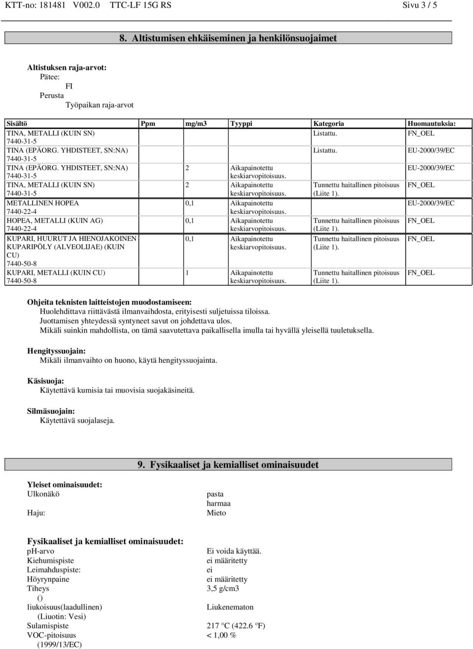 TINA (EPÄORG. YHDISTEET, SN:NA) Listattu. TINA (EPÄORG. YHDISTEET, SN:NA) 2 Aikapainotettu TINA, METALLI (KUIN SN) 2 Aikapainotettu Tunnettu haitallinen pitoisuus (Liite 1).