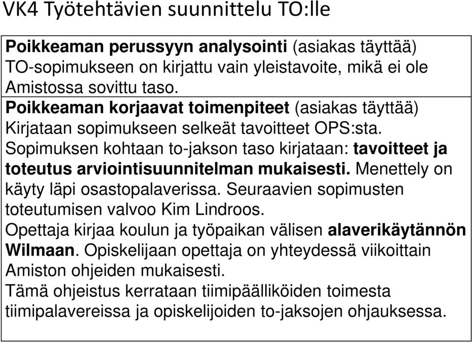 Sopimuksen kohtaan to-jakson taso kirjataan: tavoitteet ja toteutus arviointisuunnitelman mukaisesti. Menettely on käyty läpi osastopalaverissa.