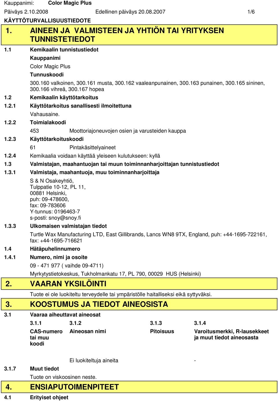 1.2.2 Toimialakoodi 453 Moottoriajoneuvojen osien ja varusteiden kauppa 1.2.3 Käyttötarkoituskoodi 61 Pintakäsittelyaineet 1.2.4 Kemikaalia voidaan käyttää yleiseen kulutukseen: kyllä 1.