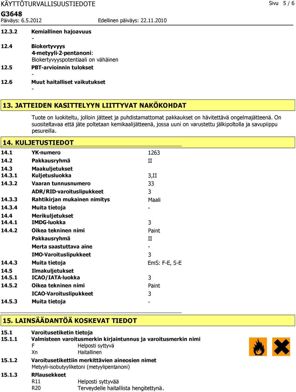 On suositeltavaa että jäte poltetaan kemikaalijätteenä, jossa uuni on varustettu jälkipoltolla ja savupiippu pesureilla. 14. KULJETUSTIEDOT 14.1 YKnumero 1263 14.2 Pakkausryhmä II 14.