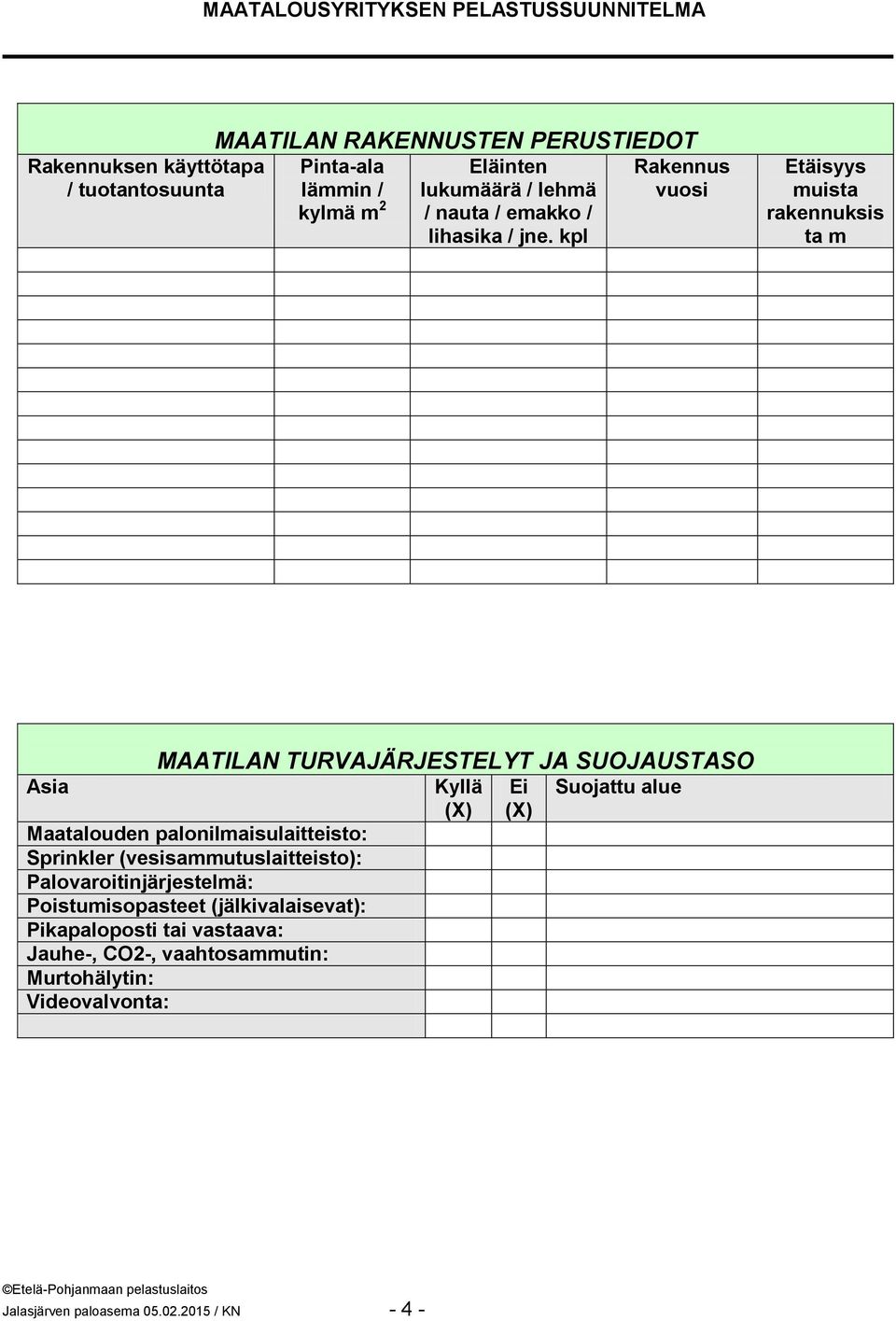 kpl Rakennus vuosi Etäisyys muista rakennuksis ta m Asia MAATILAN TURVAJÄRJESTELYT JA SUOJAUSTASO Maatalouden palonilmaisulaitteisto: