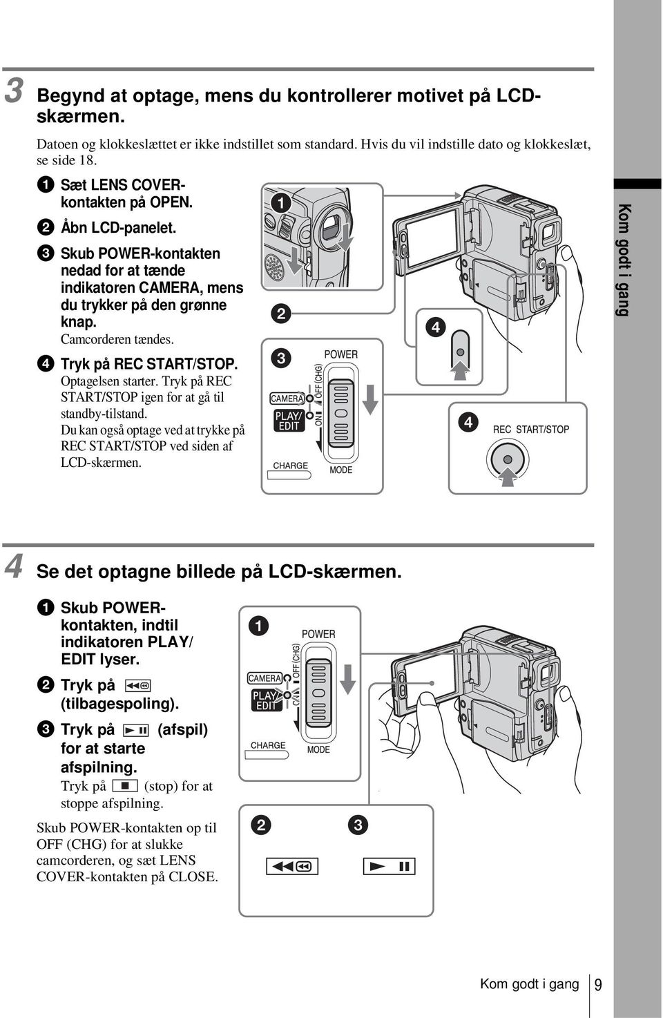 Optagelsen starter. Tryk på REC START/STOP igen for at gå til standby-tilstand. Du kan også optage ved at trykke på REC START/STOP ved siden af LCD-skærmen.