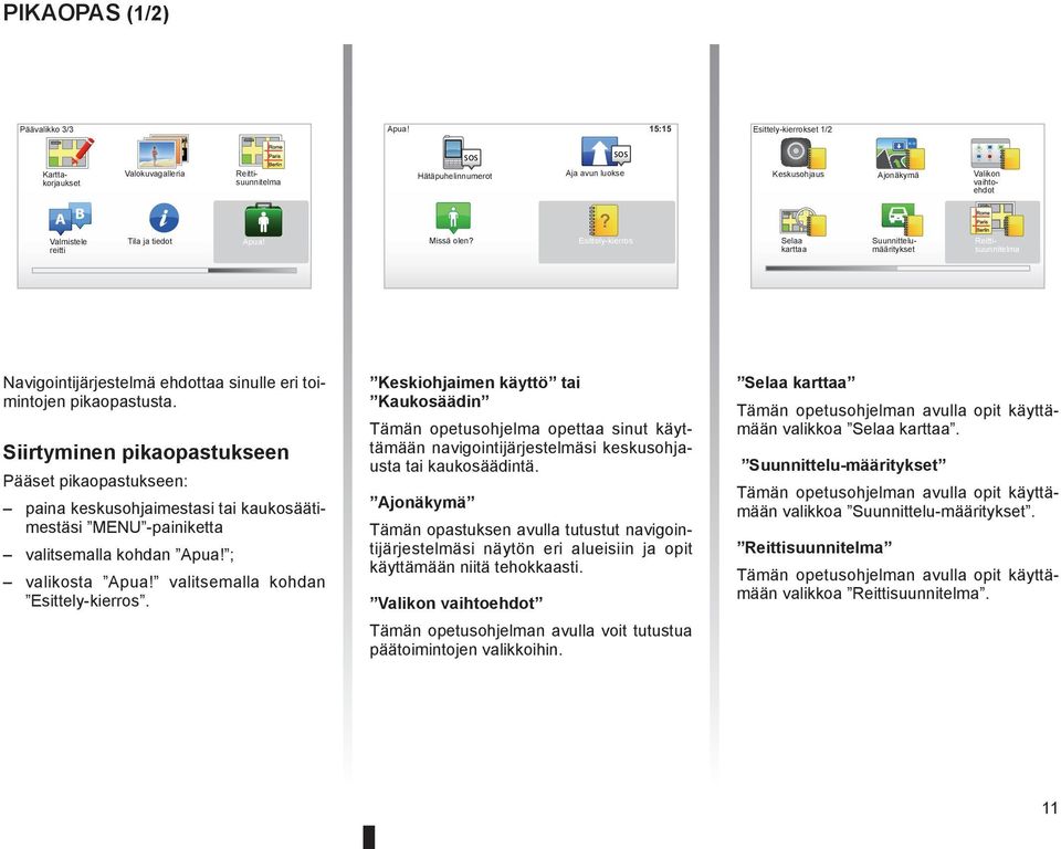 Valmistele reitti Tila ja tiedot Apua! Missä olen? Esittely-kierros Selaa karttaa Reittisuunnitelma Suunnittelumääritykset Navigointijärjestelmä ehdottaa sinulle eri toimintojen pikaopastusta.