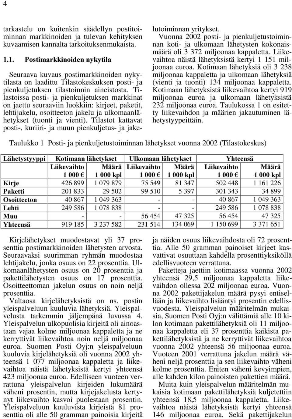 Tilastoissa posti- ja pienkuljetuksen markkinat on jaettu seuraaviin luokkiin: kirjeet, paketit, lehtijakelu, osoitteeton jakelu ja ulkomaanlähetykset (tuonti ja vienti).