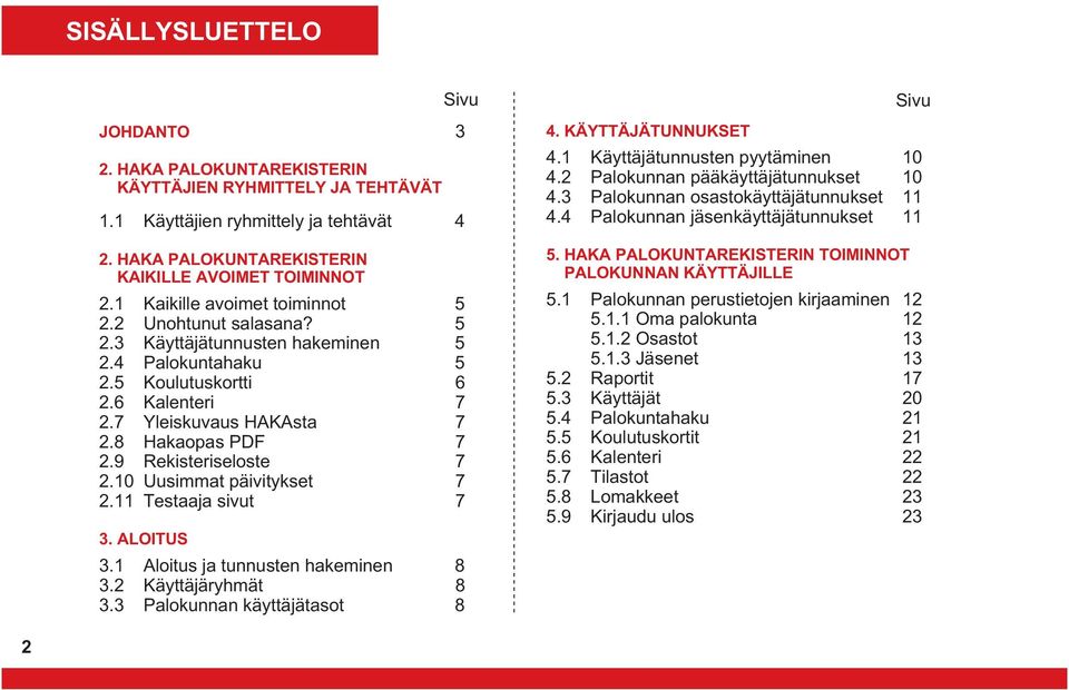 9 Rekisteriseloste 7 2.10 Uusimmat päivitykset 7 2.11 Testaaja sivut 7 3. ALOITUS 3.1 Aloitus ja tunnusten hakeminen 8 3.2 Käyttäjäryhmät 8 3.3 Palokunnan käyttäjätasot 8 Sivu 4. KÄYTTÄJÄTUNNUKSET 4.