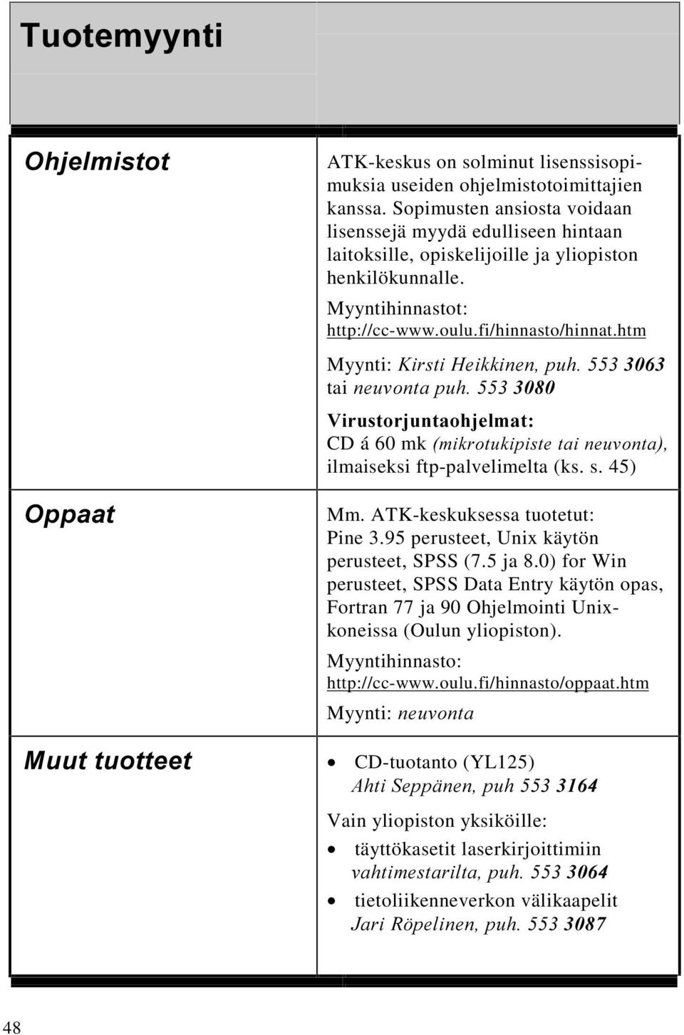 LUVWL+HLNNLQHQSXK tai QHXYRQWDSXK 9LUXVWRUMXQWDRKMHOPDW CD á 60 mk PLNURWXNLSLVWHWDLQHXYRQWD ilmaiseksi ftp-palvelimelta (ks. s. 45) Mm. ATK-keskuksessa tuotetut: Pine 3.