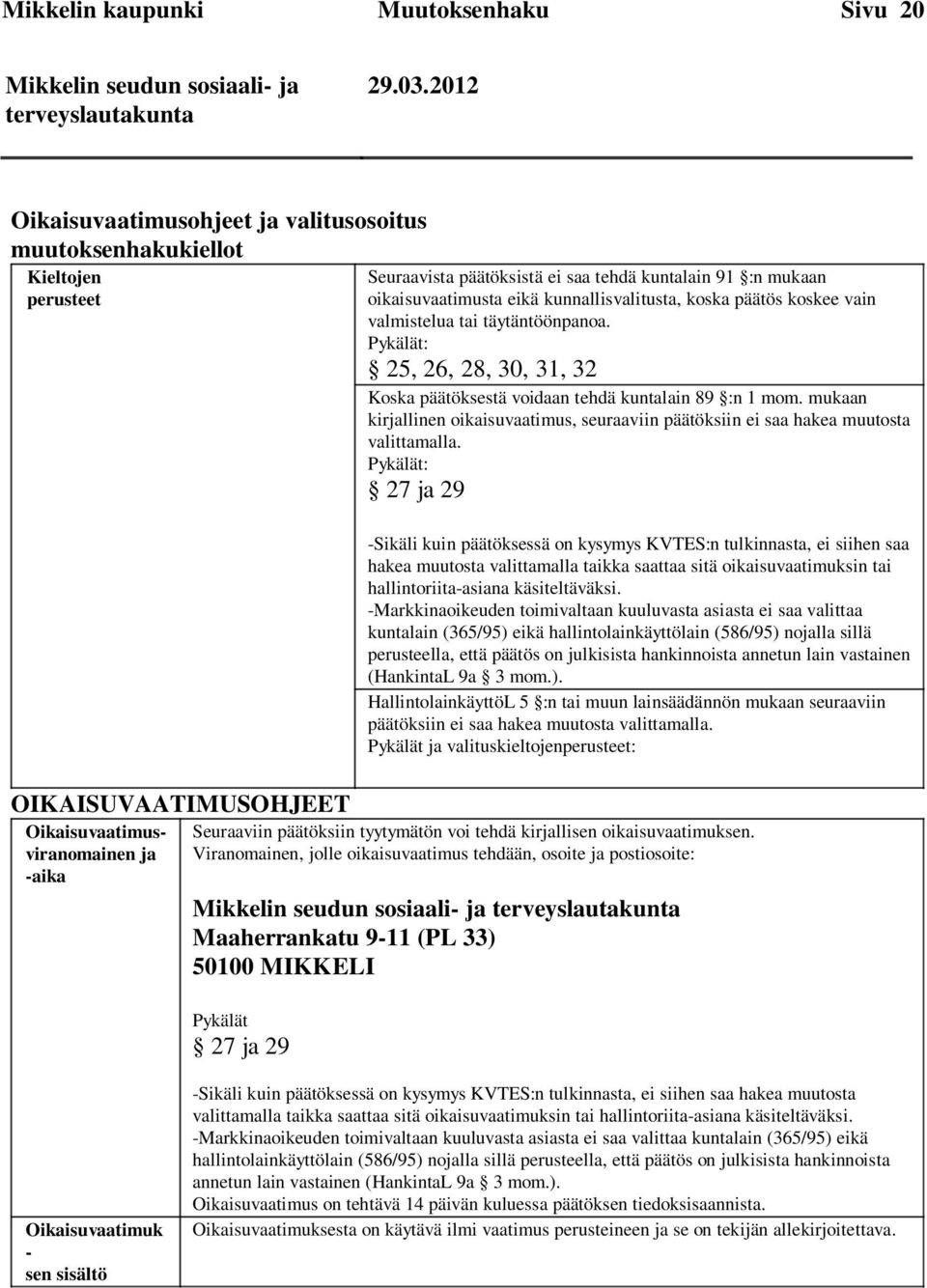 mukaan oikaisuvaatimusta eikä kunnallisvalitusta, koska päätös koskee vain valmistelua tai täytäntöönpanoa. Pykälät: 25, 26, 28, 30, 31, 32 Koska päätöksestä voidaan tehdä kuntalain 89 :n 1 mom.