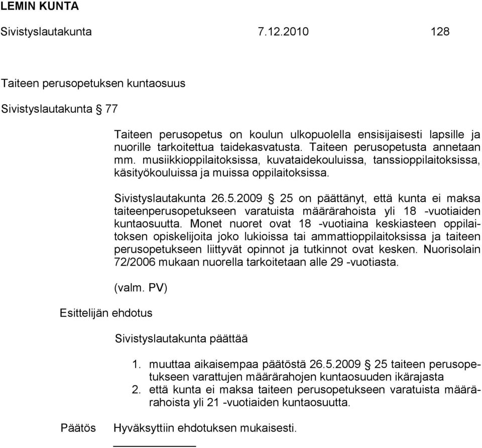 2009 25 on päättänyt, että kunta ei maksa taiteenperusopetukseen varatuista määrärahoista yli 18 -vuotiaiden kuntaosuutta.