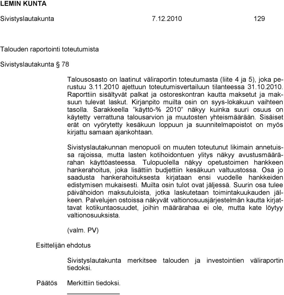 Kirjanpito muilta osin on syys-lokakuun vaihteen tasolla. Sarakkeella käyttö-% 2010 näkyy kuinka suuri osuus on käytetty verrattuna talousarvion ja muutosten yhteismäärään.