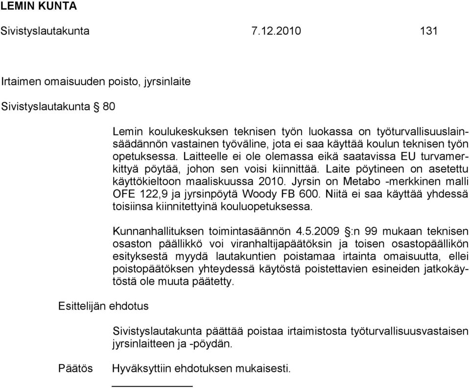 teknisen työn opetuksessa. Laitteelle ei ole olemassa eikä saatavissa EU turvamerkittyä pöytää, johon sen voisi kiinnittää. Laite pöytineen on asetettu käyttökieltoon maaliskuussa 2010.