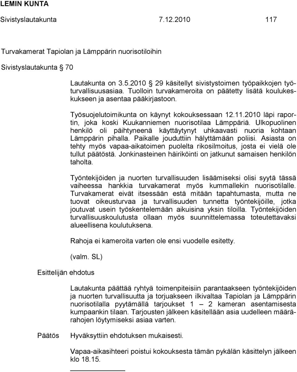 2010 läpi raportin, joka koski Kuukanniemen nuorisotilaa Lämppäriä. Ulkopuolinen henkilö oli päihtyneenä käyttäytynyt uhkaavasti nuoria kohtaan Lämppärin pihalla.