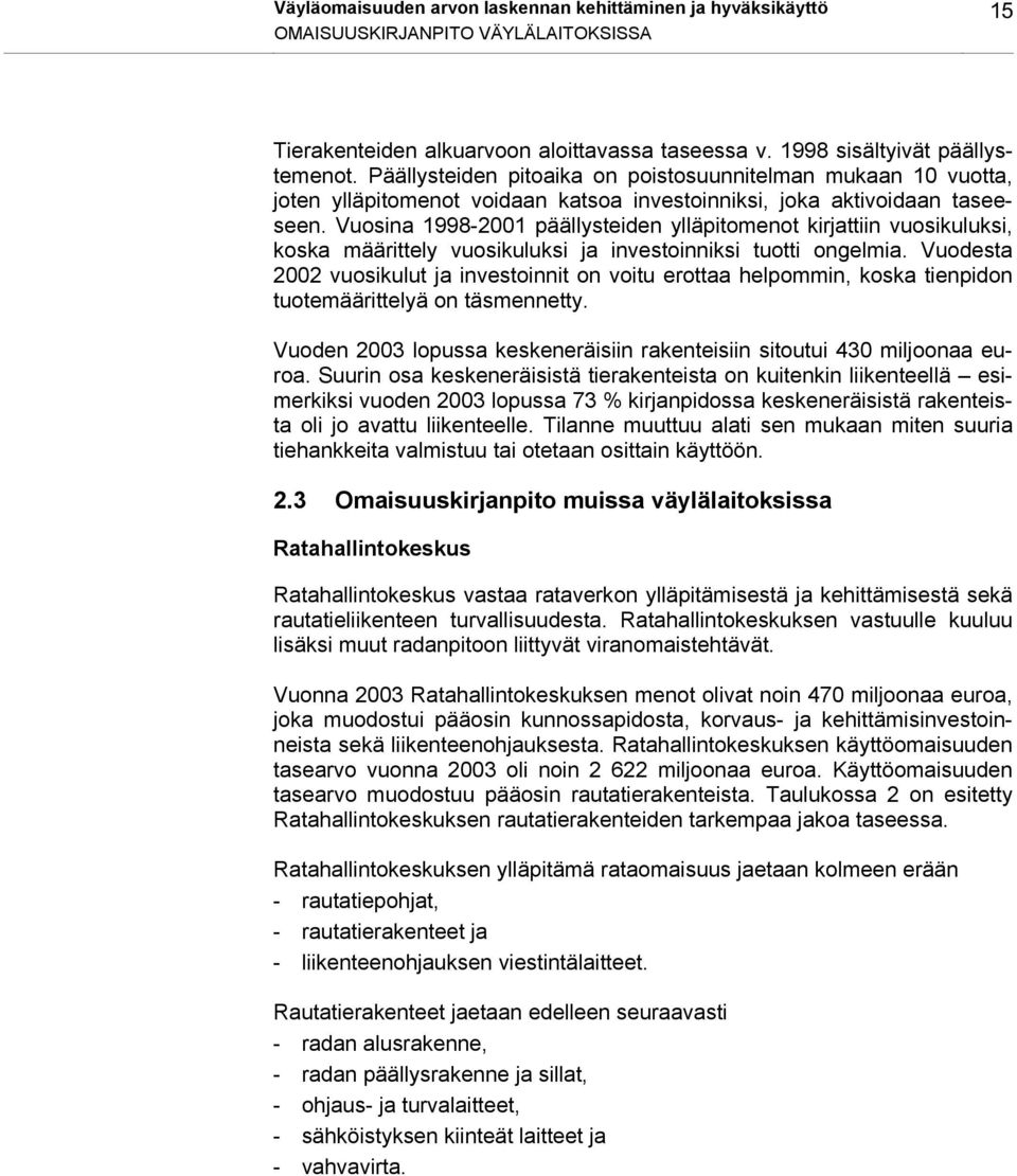 Vuosina 1998-2001 päällysteiden ylläpitomenot kirjattiin vuosikuluksi, koska määrittely vuosikuluksi ja investoinniksi tuotti ongelmia.