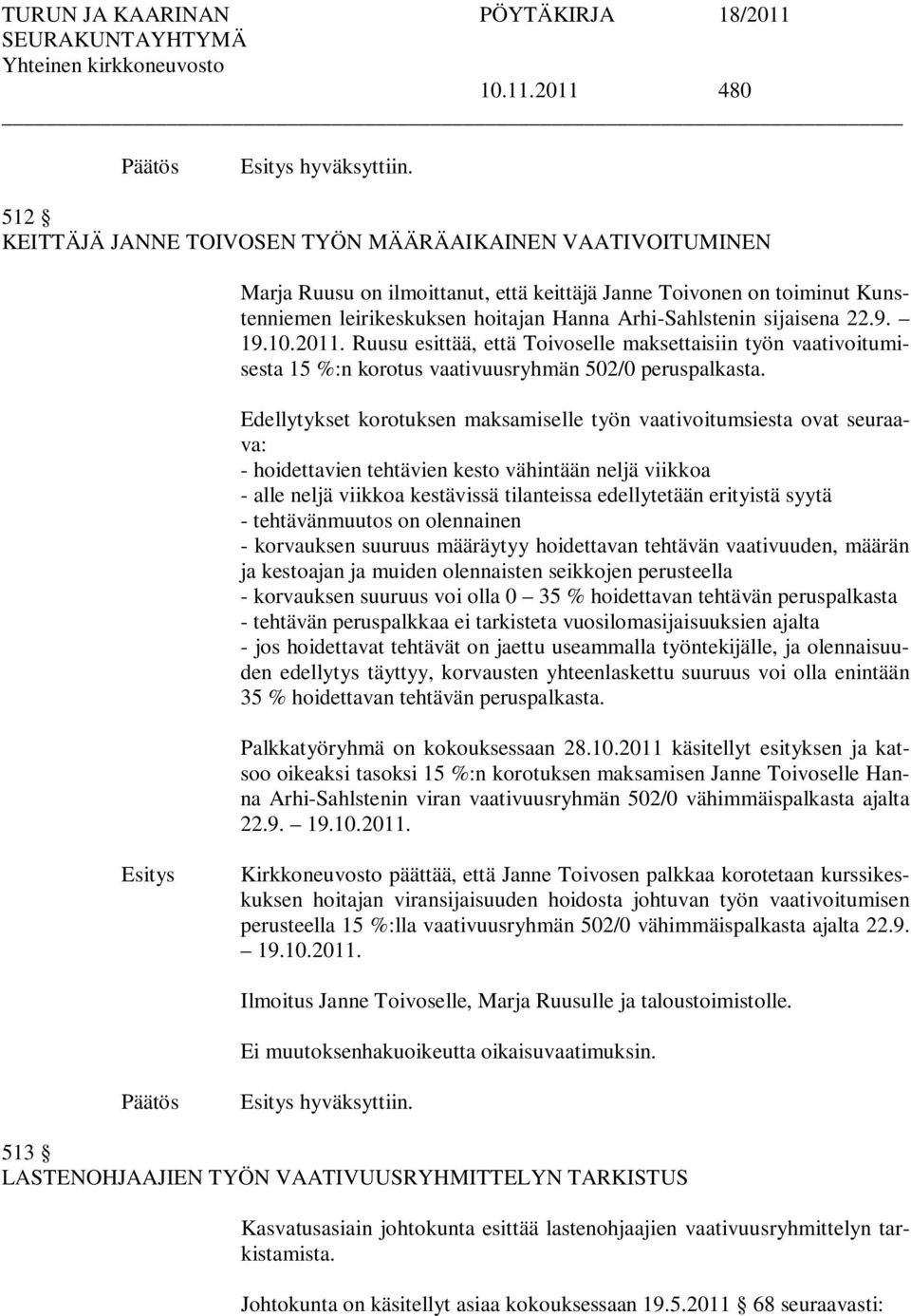 sijaisena 22.9. 19.10.2011. Ruusu esittää, että Toivoselle maksettaisiin työn vaativoitumisesta 15 %:n korotus vaativuusryhmän 502/0 peruspalkasta.