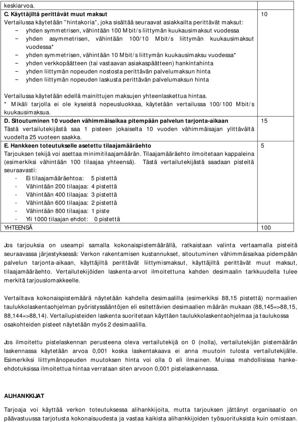 yhden asymmetrisen, vähintään 100/10 Mbit/s liittymän kuukausimaksut vuodessa* yhden symmetrisen, vähintään 10 Mbit/s liittymän kuukausimaksu vuodessa* yhden verkkopäätteen (tai vastaavan